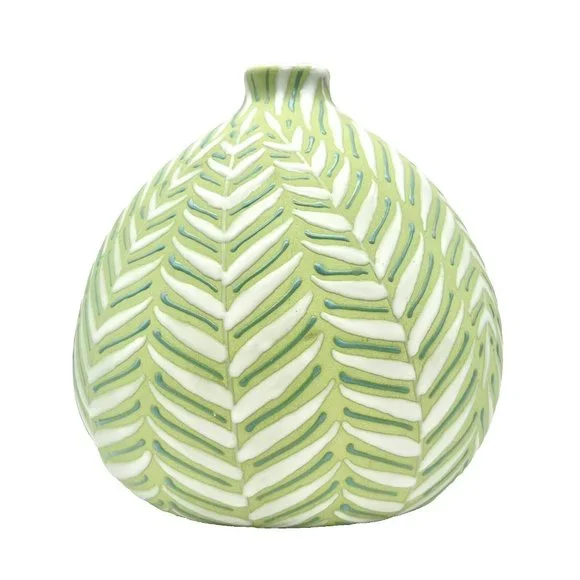 Crate and Barrel Leaf Vase Green and White with Enamel Fern Leaves Botanical - Picture 2 of 8